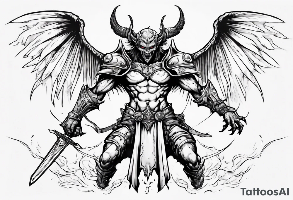 A demon angel wearing organic armor that is in mid-air with his two-handed sword behind them about to attack. tattoo idea