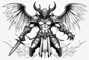A demon angel wearing organic armor that is in mid-air with his two-handed sword behind them about to attack. tattoo idea