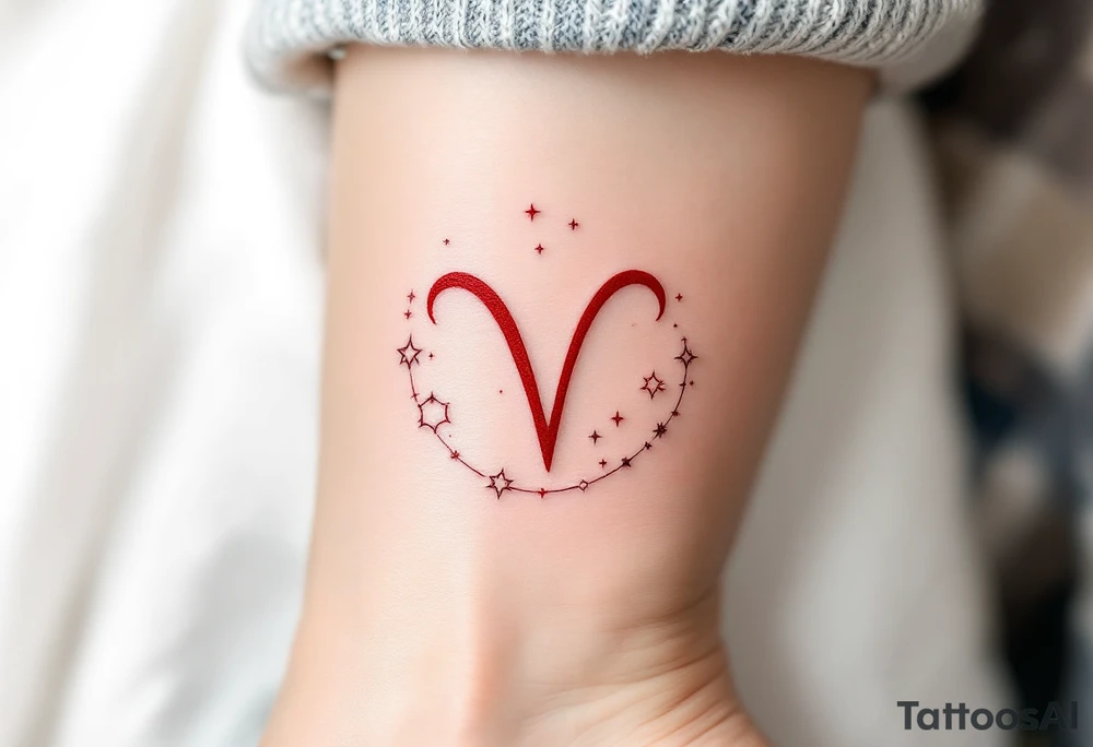 A bold Virgo sign in crimson red centers the arm with delicate white stars constelltion orbiting in its form. tattoo idea