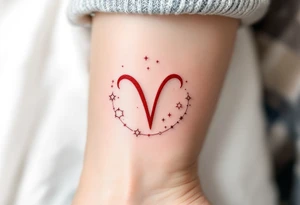 A bold Virgo sign in crimson red centers the arm with delicate white stars constelltion orbiting in its form. tattoo idea