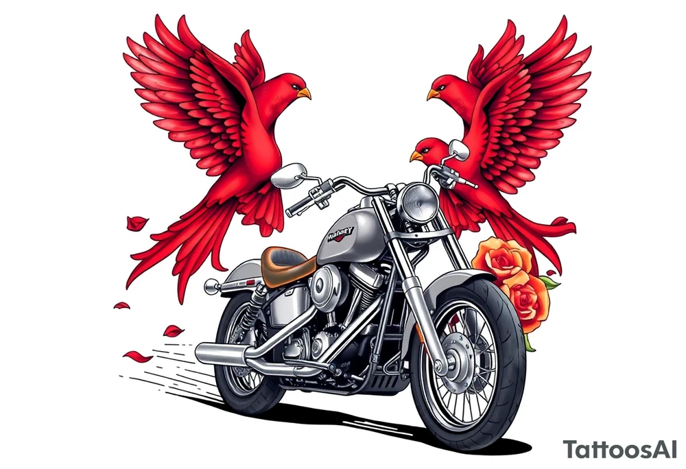 Harley grey motorcycle driving away, two red birds flying, roses, flames, angel wings tattoo idea