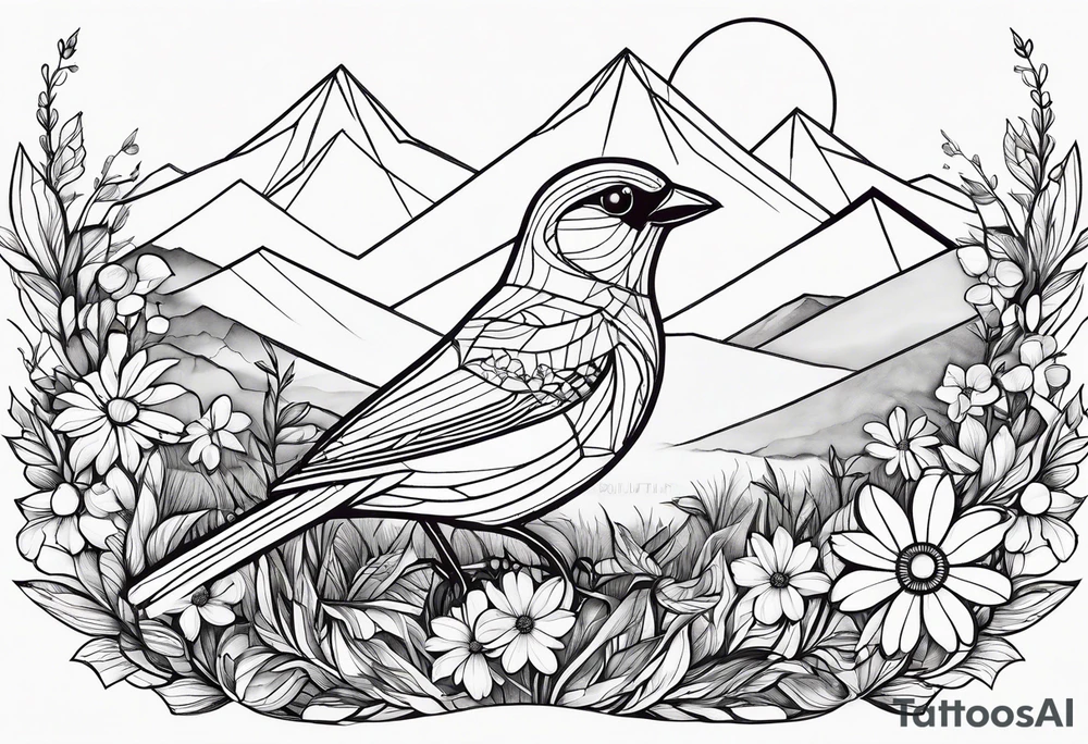 Geometric small bird outline sitting in grass and daisys with mountains in the background tattoo idea