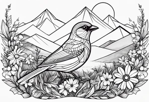 Geometric small bird outline sitting in grass and daisys with mountains in the background tattoo idea