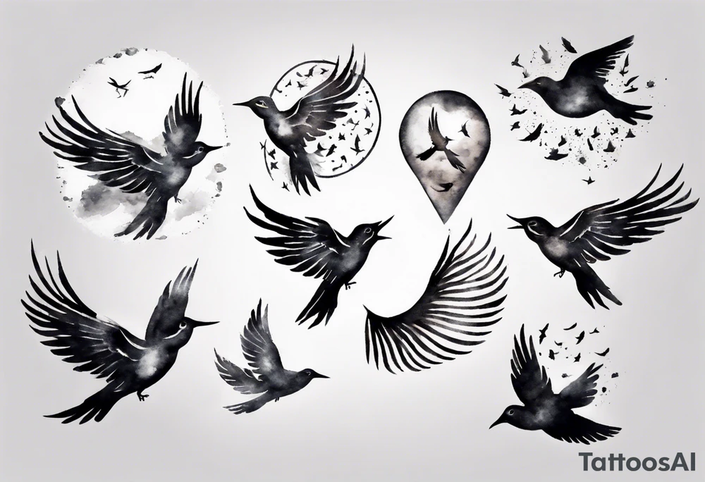 shoulder tattoo with light rays with birds flying free among the clouds, round shape, 3d effect tattoo idea