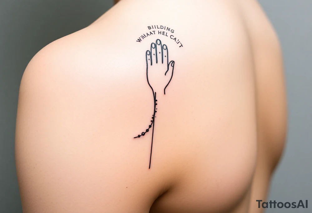 Minimalist black-ink forearm tattoo symbolizing father’s guidance and continuing legacy. Design: ascending abstract line representing the son’s path, with small upward particle lines along it. At the top, a minimal abstract hand of the father reaching down over the path, subtly guiding and cheering. Include Roman numerals VI·IV·MMXXIII along the line and optional text “Building what he couldn’t”. Fine-line, minimal, vertical composition, black ink only, meaningful and elegant. tattoo idea