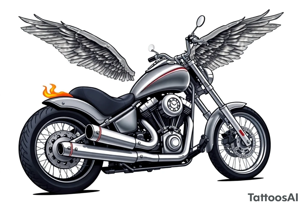Low rider grey motorcycle, big muffler pipes with flames, angel wings, driving away, no person tattoo idea