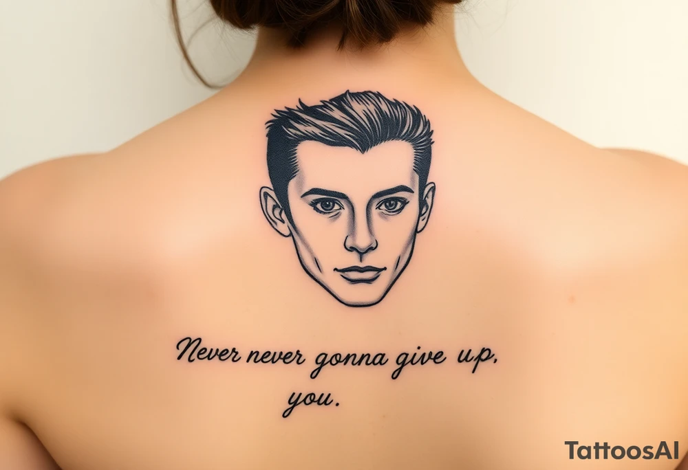 Young Rick Astley Face with Never Gonna Give You Up text tattoo idea