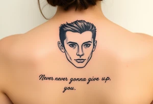 Young Rick Astley Face with Never Gonna Give You Up text tattoo idea