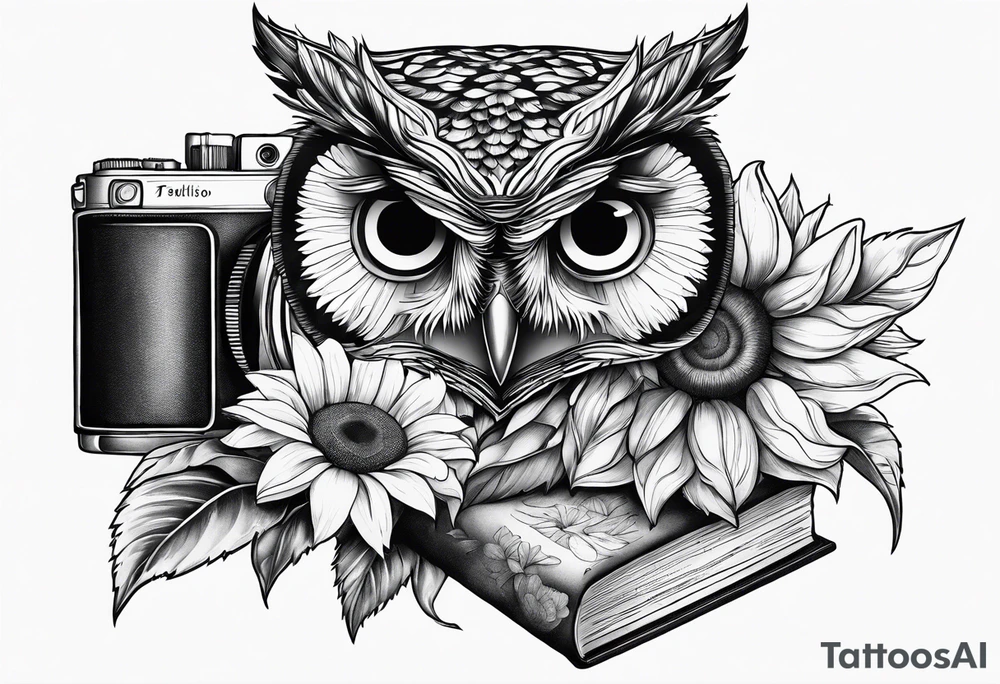 Sunflower, camera, book, owl tattoo idea