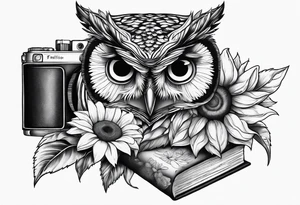 Sunflower, camera, book, owl tattoo idea
