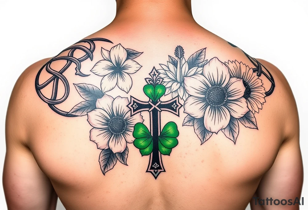 shoulder half sleeve tattoo with black and green celtic knots weaving throughout, bright colorful hibiscus flowers, sunflowers and a celtic cross with green 4 leaf clover tattoo idea