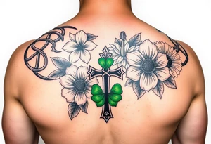 shoulder half sleeve tattoo with black and green celtic knots weaving throughout, bright colorful hibiscus flowers, sunflowers and a celtic cross with green 4 leaf clover tattoo idea