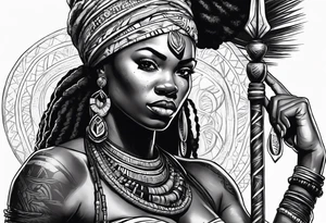 African woman warrior holding spear with deadlocks and earrings. With African setting in the background tattoo idea