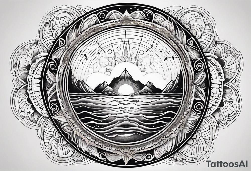 Circular Mandala Design. In the Center a half moon that is dripping water Drops into the sea. Around that a sun. Around that Mountains Made of wavy lines. tattoo idea