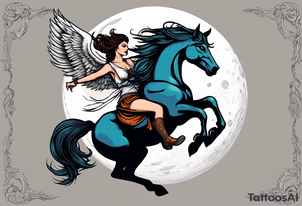 Edgy woman riding a Pegasus fighting a werewolf under a full moon tattoo idea