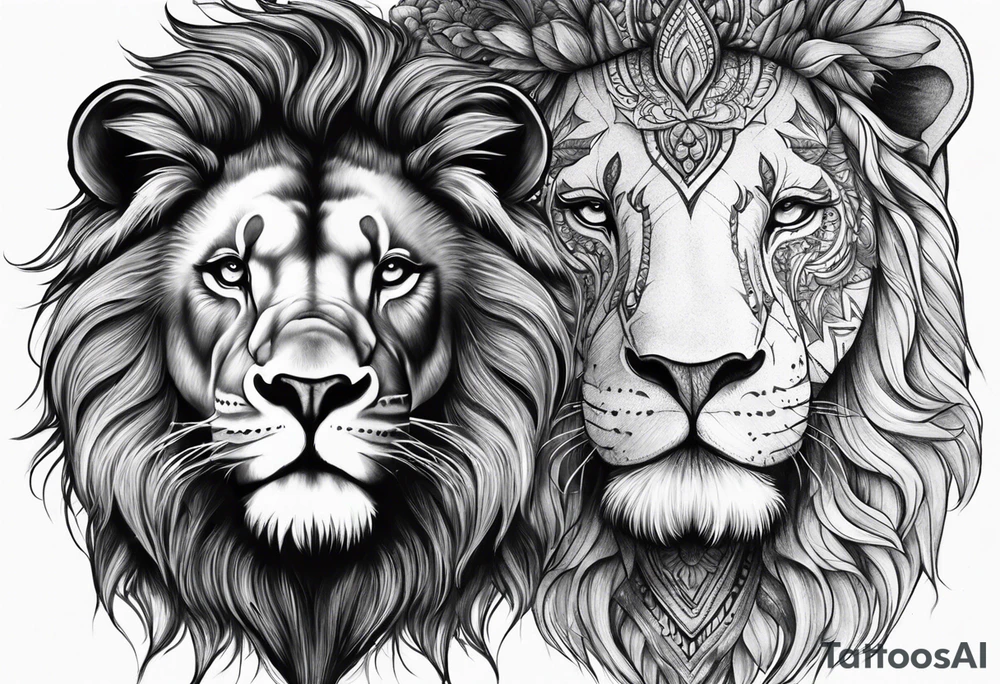 Half lion face half elephant face tattoo idea