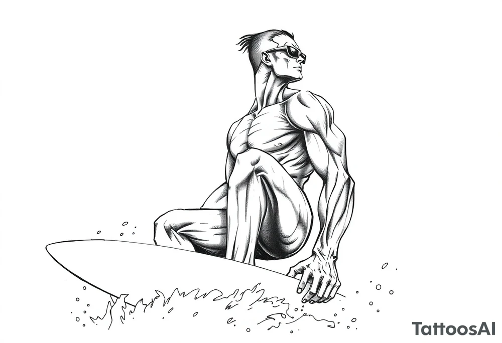 comic hero silver surfer on his board looking over in deep thought as he is in the sky tattoo idea
