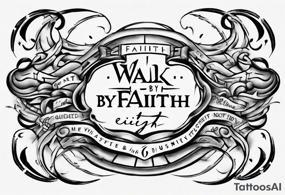 Horizontal inner bicep tattoo. “walk by faith, not by sight” stairwell wrapping around the quote. This design captures the essence of the journey guided by faith. tattoo idea