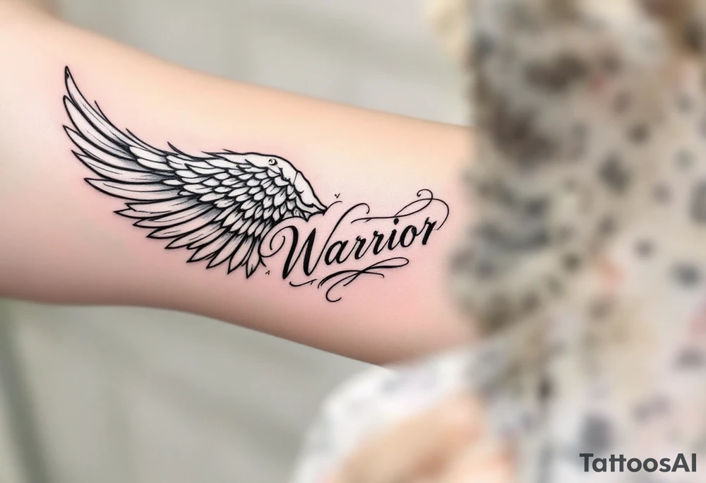 beautiful strong angel wing with word "Warrior" tattoo idea