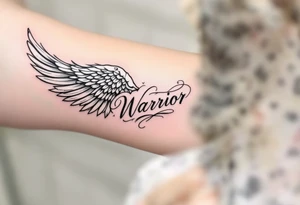 beautiful strong angel wing with word "Warrior" tattoo idea