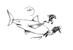 Generate a dive scene including a smaller circling shark and a diver tattoo idea