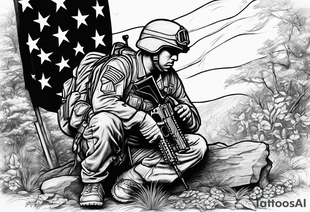 Fallen soldier memorial with kneeling soldier tattoo idea | TattoosAI