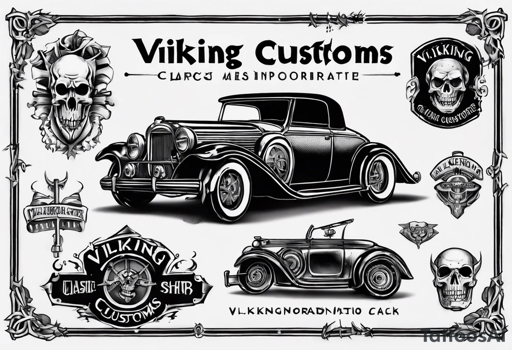 I want a tattoo of an old vintage classic car shop and a skeleton in the back with the name “Viking Customs” incorporated in the design tattoo idea