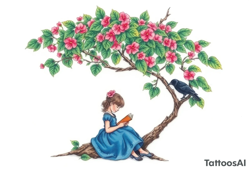 A tree of Impatiens walleriana, a little girl wearing a blue dress sitting under it while reading. A small raven watching her.


. tattoo idea