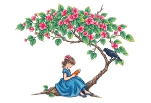 A tree of Impatiens walleriana, a little girl wearing a blue dress sitting under it while reading. A small raven watching her.


. tattoo idea