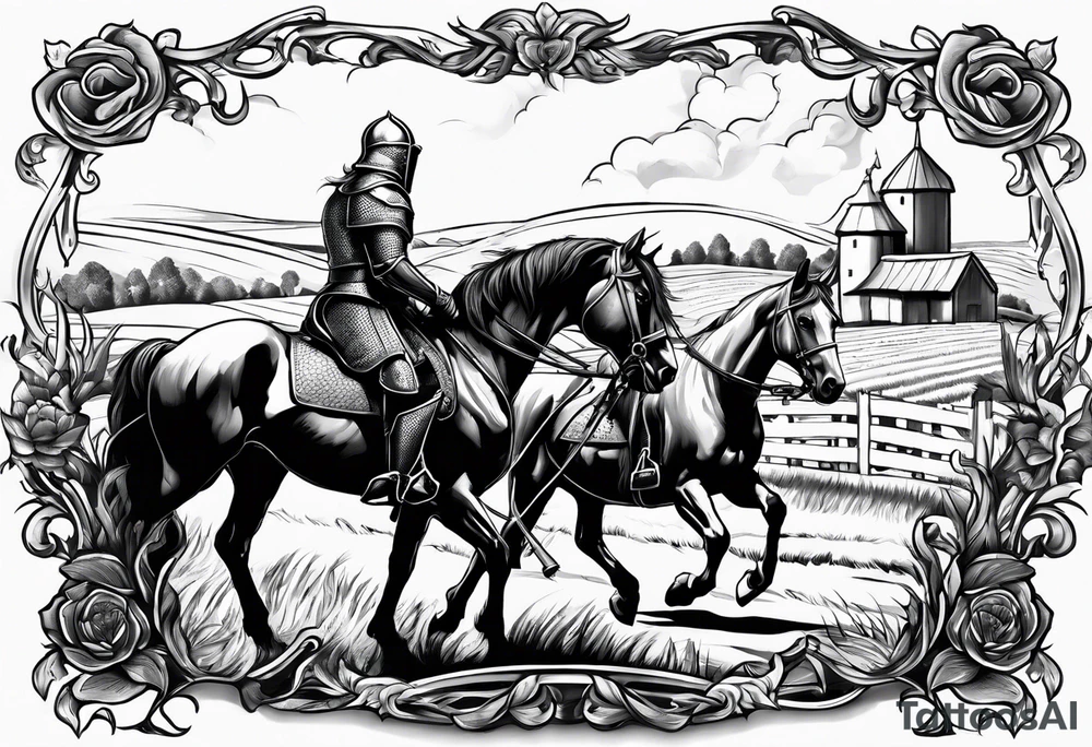 a knight with an old farm in the background and horses in the netherlands tattoo idea