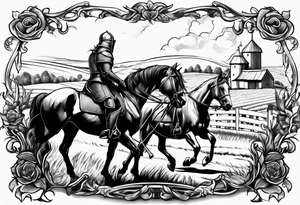 a knight with an old farm in the background and horses in the netherlands tattoo idea