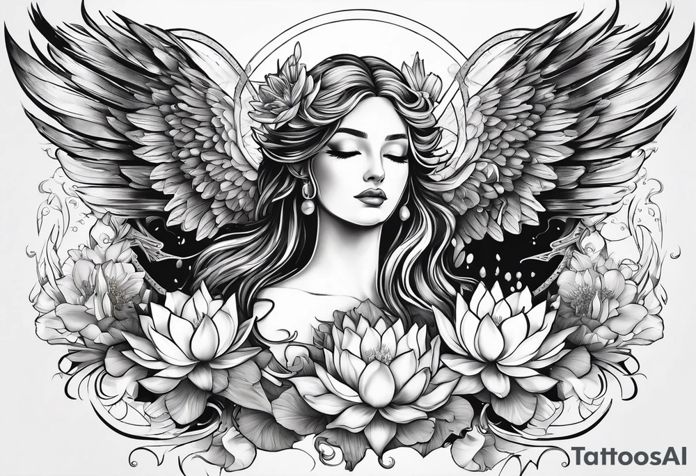 Sword in the middle a goddess face on the left side angel wing on right side and water Lilly’s around tattoo idea