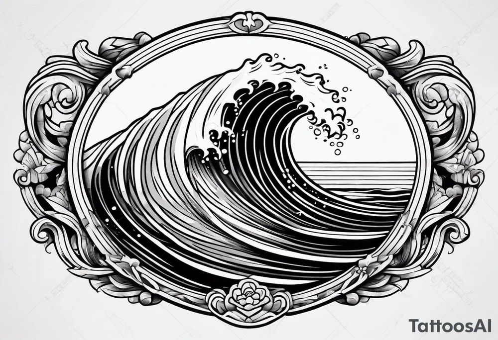 vintage traditional tattoo of waves 
within a circle and banner across bottom tattoo idea