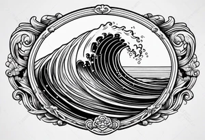 vintage traditional tattoo of waves 
within a circle and banner across bottom tattoo idea