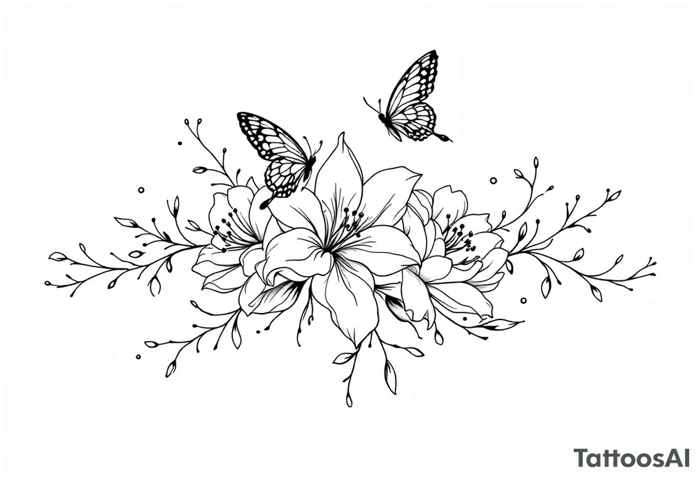 A delicate and highly detailed tattoo design featuring elegant flowers and two butterflies, symbolizing family, love, and the bond between a mother and her children. The flowers, such as lilies or peonies, represent protection, beauty, and unconditional love. Two butterflies gracefully flying around the flowers symbolize the children, Zackary and Charlie, representing their growth and freedom. Their names should be subtly integrated into the design, either along the stems of the flowers, within the butterfly wings, or in an elegant script flowing naturally with the composition. The tattoo should have a soft, flowing aesthetic with fine details, subtle shading, and a harmonious balance between nature and symbolism. The style can be fine line, realistic, or watercolor for a timeless and meaningful look. tattoo idea