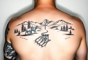 A armsleeve with the Härjedalen landscape, reindeer, bear, lakes, mountains (Helags), cross and Härjedalen's coat of arms on the hand tattoo idea