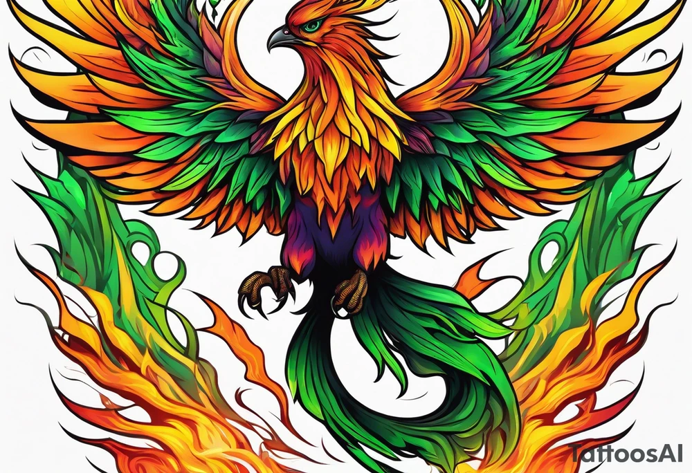 Phoenix Bright colours rising from green flames that destroyed it tattoo idea