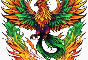 Phoenix Bright colours rising from green flames that destroyed it tattoo idea