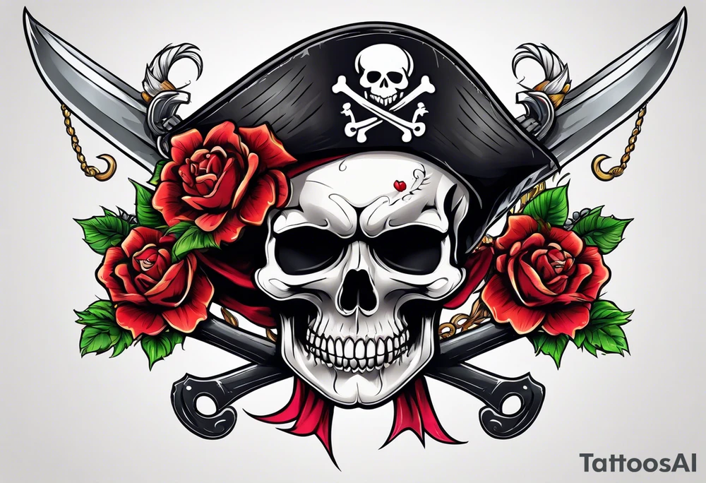create a feminine pirate skull with two blonde pigtails and crossbones under tattoo idea