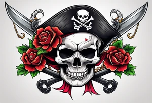 create a feminine pirate skull with two blonde pigtails and crossbones under tattoo idea