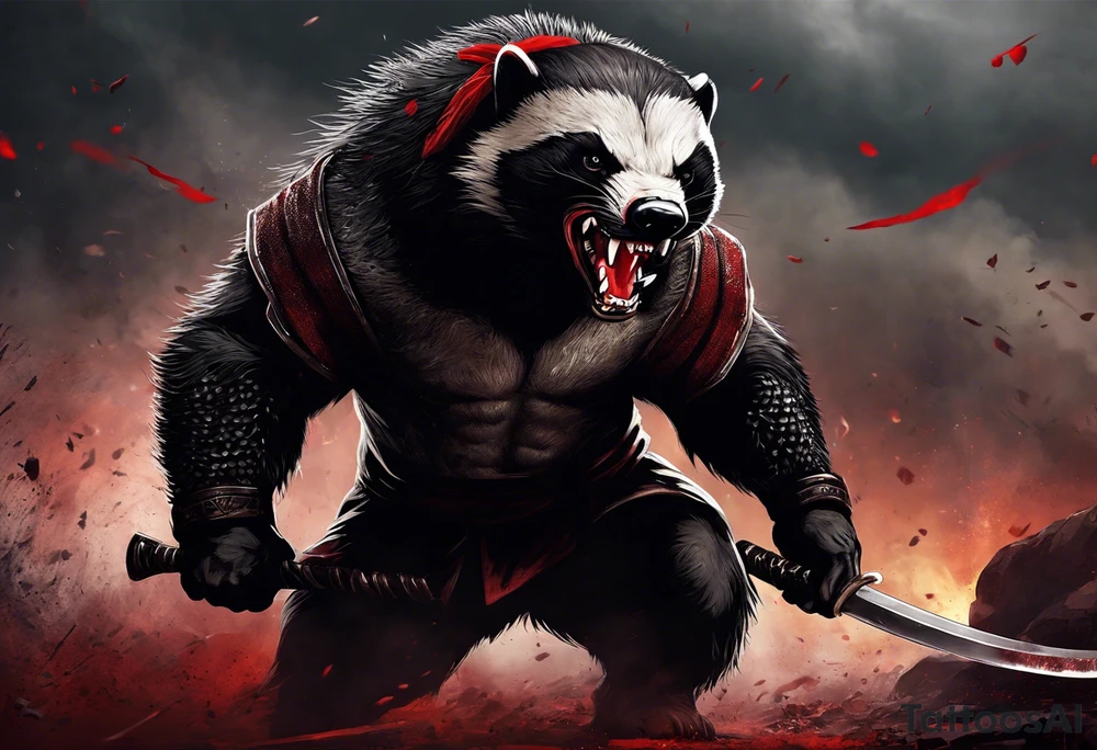 Draw me psychopath Fearless Honey Badger/Berserker with aggressive full body, killer face with a scary smile, very long nails and he attacks like a Bloody Assassin/Warrior/Gladiator to us and also, he has very deadly looking. He fights with his nails only. Everybody scares after their first sight. Give me horror type Badger Tattoo. I want to see his Realistic full body with no weapons. You can show destruction at the back. tattoo idea