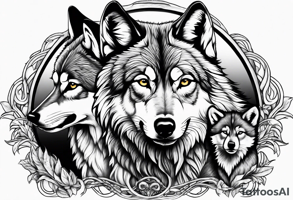 Wolf protecting 2 cubs tattoo idea