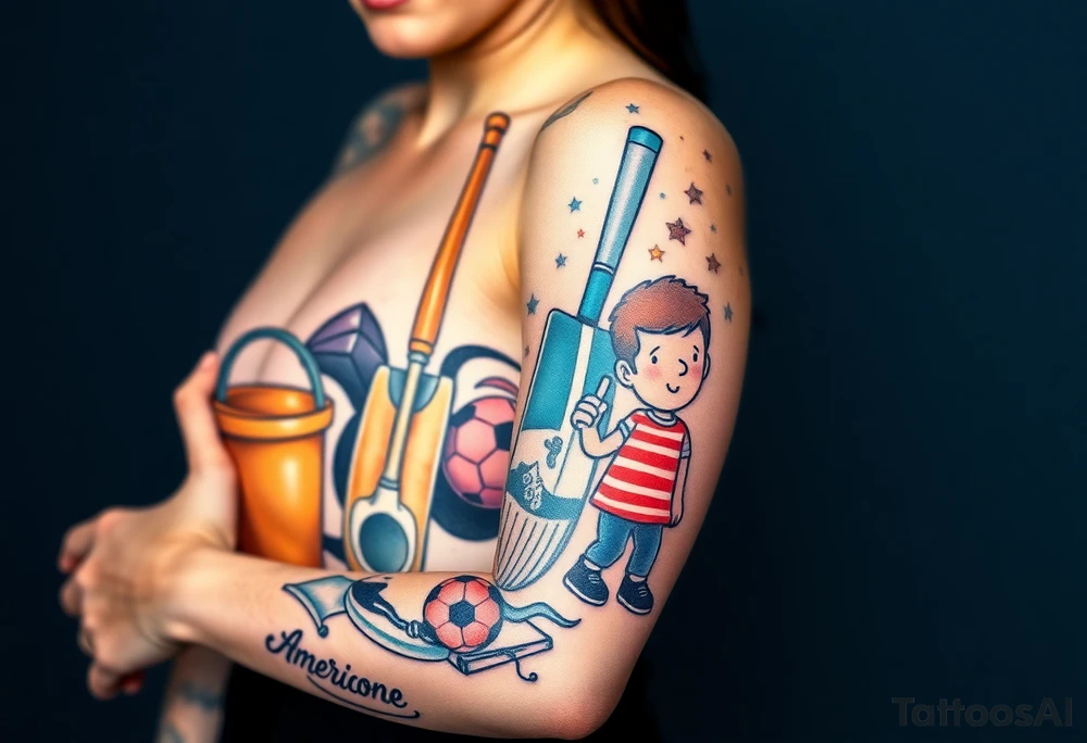 Childhood memories of a book, a bucket and spade, a football, a cricket bat, a cartoon of Dennis the Menace from the Beano comic, and the American Idiot symbol tattoo idea