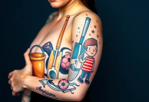 Childhood memories of a book, a bucket and spade, a football, a cricket bat, a cartoon of Dennis the Menace from the Beano comic, and the American Idiot symbol tattoo idea