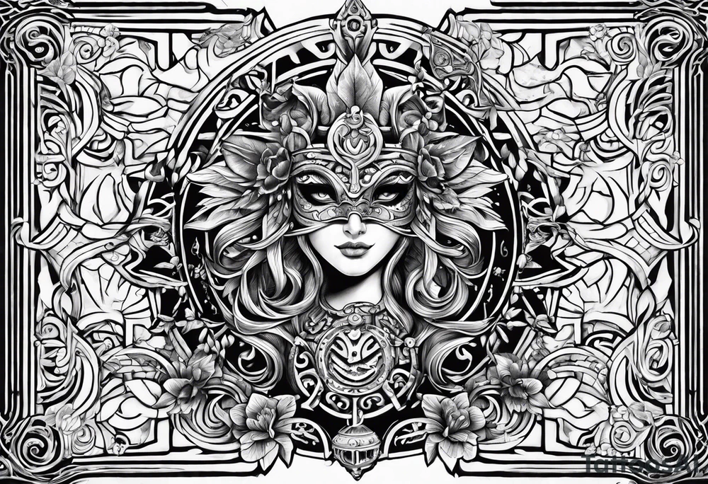 Labyrinth with symbols of bells and masquerade tattoo idea