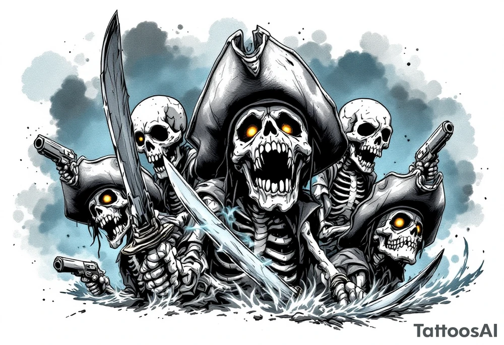 Whispering Dead Crew – A crew of skeletal pirates, their hollow eyes glowing faintly yellow, emerging from a misty blue and gray fog. They wield rusted swords and pistols, haunting the remains of a sunken ship. tattoo idea