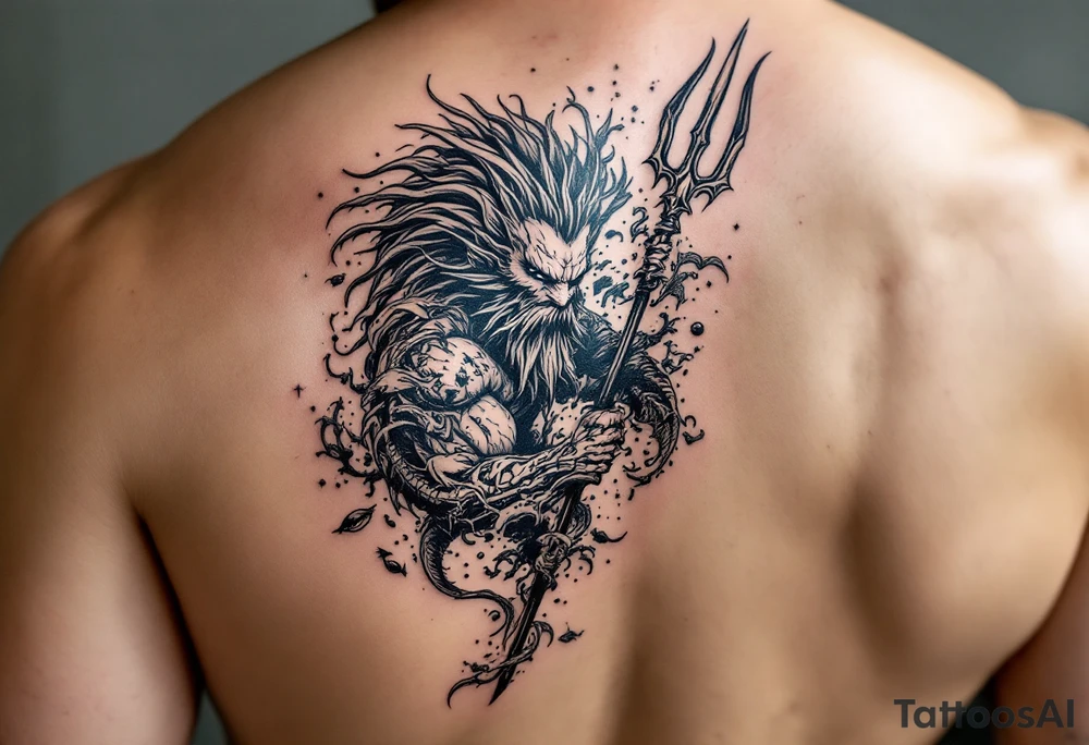 powerful poseidon with trident, surrounded by water and marine life tattoo idea