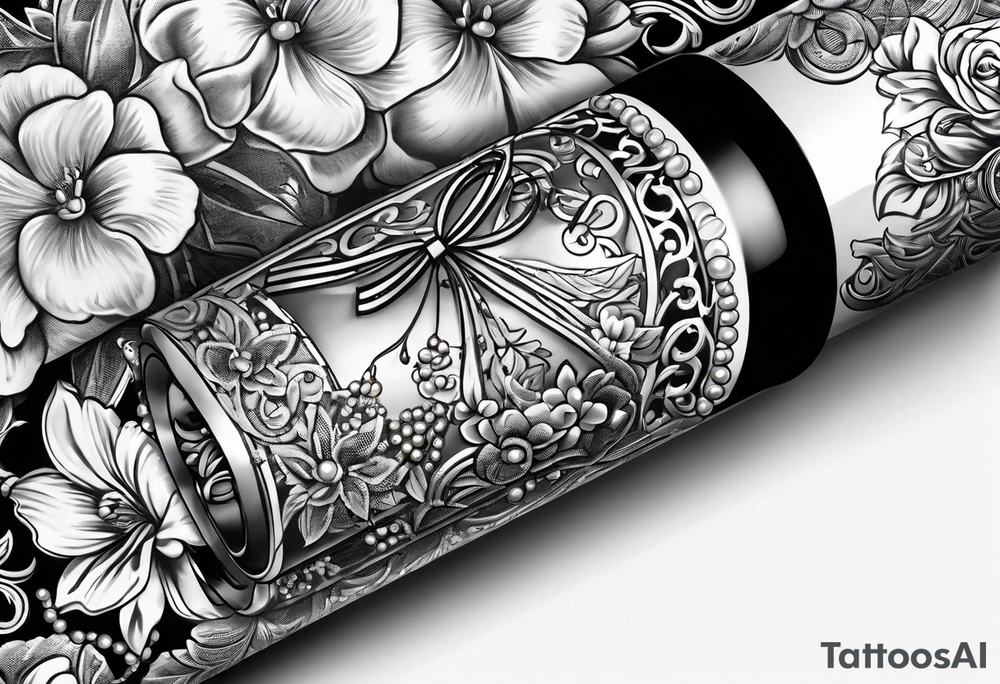 1950s lipstick tube wrapped in pearls and flowers with bows and lace tattoo idea