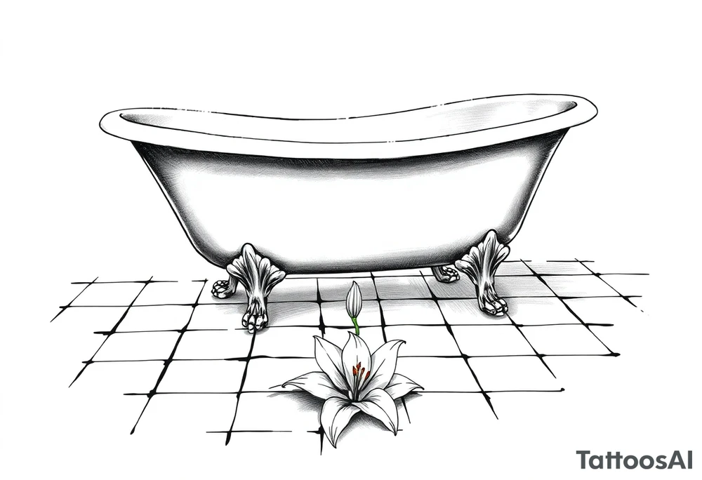 Clawfoot bathtub with lily coming up from tile floor tattoo idea