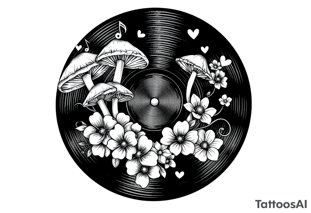 vinyl record with mushrooms, flowers, hearts, and music notes tattoo idea